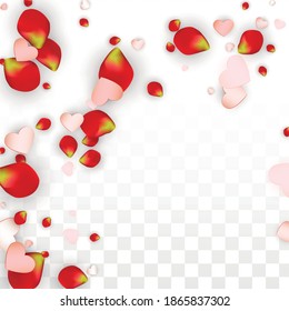 Vector Realistic Petals and Hearts Confetti. Flying Rose and Hearts on Transparent Background. Wedding Invitation Background. Spring Romance Design. Illustration in Pink for Proposal Design.