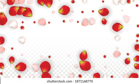 Vector Realistic Petals and Hearts Confetti. Flying Rose and Hearts on Transparent Background. Romantic Love Background. Spring Romance Card. Illustration in Pink for Honeymoon Decoration.