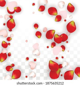 Vector Realistic Petals and Hearts Confetti. Flying Rose and Hearts on Transparent Background. Women's Day Background. Spring Romance Banner. Illustration in Pink for Anniversary Decoration.