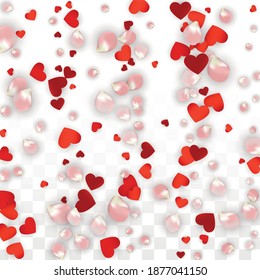 Vector Realistic Petals and Hearts Confetti. Flying Rose and Hearts on Transparent Background. Romantic Love Background. Spring Romance Border. Illustration in Pink for Amour Design.