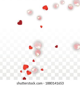 Vector Realistic Petals and Hearts Confetti. Flying Rose and Hearts on Transparent Background. Mother Day Background. Spring Romance Design. Illustration in Pink for Honeymoon Decoration.