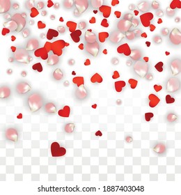 Vector Realistic Petals and Hearts Confetti. Flying Rose and Hearts on Transparent Background. Women's Day Background. Spring Romance Design. Illustration in Pink for Proposal Design.