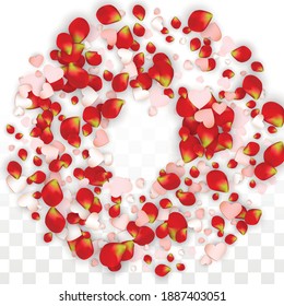Vector Realistic Petals and Hearts Confetti. Flying Rose and Hearts on Transparent Background. Mother Day Background. Spring Romance Flyer. Illustration in Pink for Amour Design.