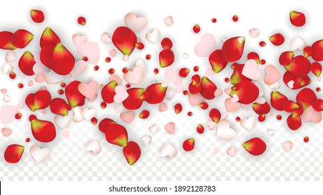 Vector Realistic Petals and Hearts Confetti. Flying Rose and Hearts on Transparent Background. Wedding Invitation Background. Spring Romance Poster. Illustration in Pink for Honeymoon Decoration.