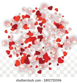 Vector Realistic Petals and Hearts Confetti. Flying Rose and Hearts on Transparent Background. St. Valentine Day Background. Spring Romance Frame. Illustration in Pink for Proposal Design.