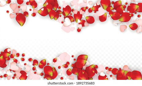 Vector Realistic Petals and Hearts Confetti. Flying Rose and Hearts on Transparent Background. St. Valentine Day Background. Spring Romance Design. Illustration in Pink for Proposal Design.