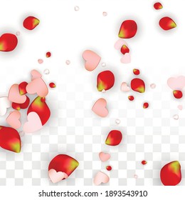 Vector Realistic Petals and Hearts Confetti. Flying Rose and Hearts on Transparent Background. Mother Day Background. Spring Romance Poster. Illustration in Pink for Amour Design.