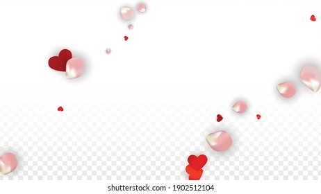 Vector Realistic Petals and Hearts Confetti. Flying Rose and Hearts on Transparent Background. Women's Day Background. Spring Romance Poster. Illustration in Pink for Amour Design.