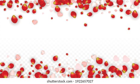 Vector Realistic Petals and Hearts Confetti. Flying Rose and Hearts on Transparent Background. Mother Day Background. Spring Romance Banner. Illustration in Pink for Proposal Design.