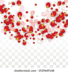 Gafas Realistas Vectoras y Confetti Cardíaco. Rosa voladora y corazones sobre fondo transparente. Antecedentes románticos de amor. Tarjeta Primavera Romance. Ilustración en rosa para el diseño de propuestas.