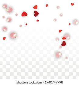 Vector Realistic Petals and Hearts Confetti. Flying Rose and Hearts on Transparent Background. Romantic Love Background. Spring Romance Poster. Illustration in Pink for Honeymoon Decoration.