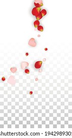 Vector Realistic Petals and Hearts Confetti. Flying Rose and Hearts on Transparent Background. St. Valentine Day Background. Spring Romance Poster. Illustration in Pink for Proposal Design.