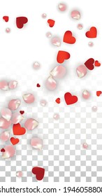 Vector Realistic Petals and Hearts Confetti. Flying Rose and Hearts on Transparent Background. Wedding Invitation Background. Spring Romance Poster. Illustration in Pink for Honeymoon Decoration.