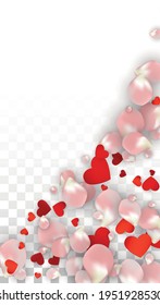 Vector Realistic Petals and Hearts Confetti. Flying Rose and Hearts on Transparent Background. St. Valentine Day Background. Spring Romance Design. Illustration in Pink for Honeymoon Decoration.