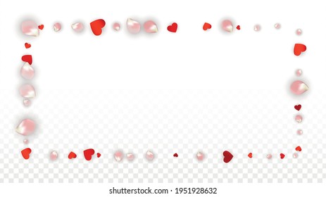 Vector Realistic Petals and Hearts Confetti. Flying Rose and Hearts on Transparent Background. 8 March Background. Spring Romance Poster. Illustration in Pink for Honeymoon Decoration.