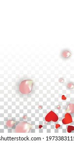 Vector Realistic Petals and Hearts Confetti. Flying Rose and Hearts on Transparent Background. St. Valentine Day Background. Spring Romance Design. Illustration in Pink for Anniversary Decoration.