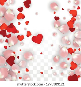 Vector Realistic Petals and Hearts Confetti. Flying Rose and Hearts on Transparent Background. Romantic Love Background. Spring Romance Frame. Illustration in Pink for Honeymoon Decoration.
