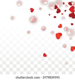 Vektorrealistische Petals und Herzklopfen Confetti. Fliegende Rosen und Herzen auf transparentem Hintergrund. Frauentag-Hintergrund. Frühlingsromantik. Illustration in Rosa für die Jubiläumsdekoration.