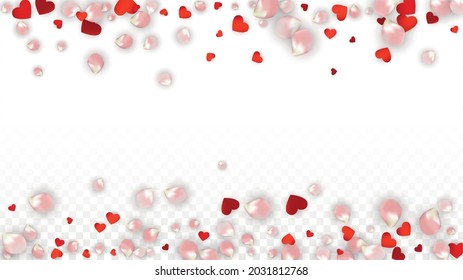 Vector Realistic Petals and Hearts Confetti. Flying Rose and Hearts on Transparent Background. Wedding Invitation Background. Spring Romance Flyer. Illustration in Pink for Amour Design.