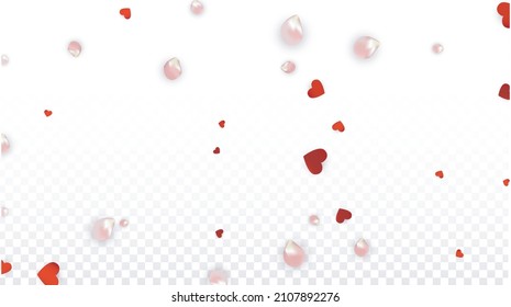 Vector Realistic Petals and Hearts Confetti. Flying Rose and Hearts on Transparent Background. Wedding Invitation Background. Spring Romance Card. Illustration in Pink for Anniversary Decoration.