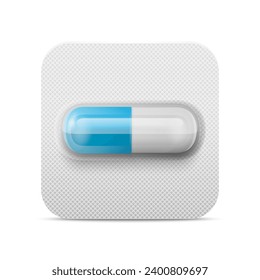 Vector Realistic Pharmaceutical Medical Blue Pill, Vitamins, Capsule in Blister Closeup Isolated. Pill in Blister Packaging Design Template. Front View. Medicine, Health Concept