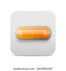 Vector Realistic Pharmaceutical Medical Orange Pill, Vitamins, Capsule in Blister Closeup Isolated. Pill in Blister Packaging Design Template. Front View. Medicine, Health Concept