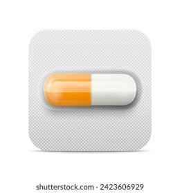 Vector Realistic Pharmaceutical Medical Orange Pill, Vitamins, Capsule in Blister Closeup Isolated. Pill in Blister Packaging Design Template. Front View. Medicine, Health Concept