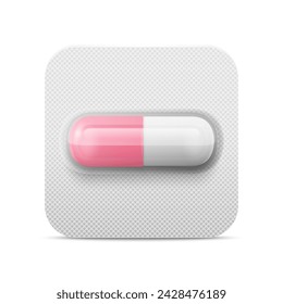 Vector Realistic Pharmaceutical Medical Pink Pill, Vitamins, Capsule in Blister Closeup Isolated. Pill in Blister Packaging Design Template. Front View. Medicine, Health Concept