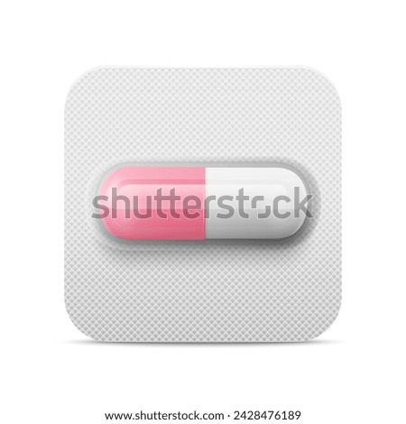 Vector Realistic Pharmaceutical Medical Pink Pill, Vitamins, Capsule in Blister Closeup Isolated. Pill in Blister Packaging Design Template. Front View. Medicine, Health Concept