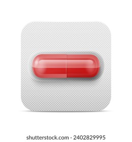 Vector Realistic Pharmaceutical Medical Red Pill, Vitamins, Capsule in Blister Closeup Isolated. Pill in Blister Packaging Design Template. Front View. Medicine, Health Concept