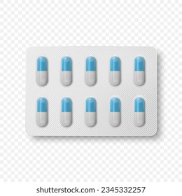 Vector Realistic Pharmaceutical Medical White and Blue Pills, Vitamins, Capsule in Blister Closeup Isolated. Pills in Blister Packaging Design Template. Front, Top View. Medicine, Health Concept