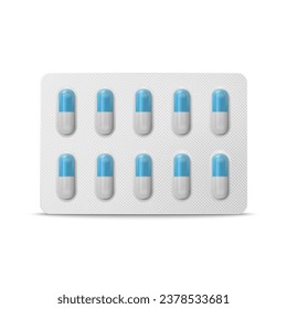 Vector Realistic Pharmaceutical Medical White and Blue Pills, Vitamins, Capsule in Blister Closeup Isolated. Pills in Blister Packaging Design Template. Front View. Medicine, Health Concept