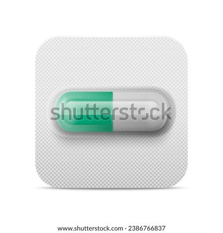 Vector Realistic Pharmaceutical Medical White and Green Pill, Vitamins, Capsule in Blister Closeup Isolated. Pill in Blister Packaging Design Template. Front View. Medicine, Health Concept