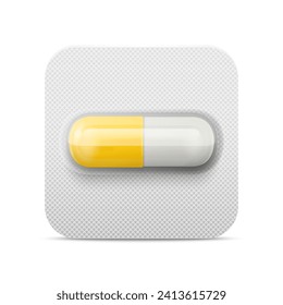 Vector Realistic Pharmaceutical Medical Yellow and White Pill, Vitamins, Capsule in Blister Closeup Isolated. Pill in Blister Packaging Design Template. Front View. Medicine, Health Concept