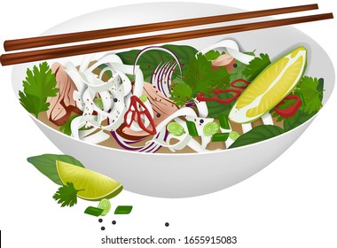 Vector Realistic Pho Bo - Vietnam Traditional Beef And Noodle Soup.