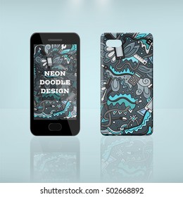 Vector realistic phone and case design of electronic doodle cartoon style in neon and futuristic colors. Business concept of corporate identity brand. Illustration for cover stationery.