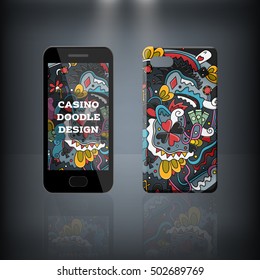 Vector realistic phone and case design of casino, game of chance and poker doodle cartoon style. Business concept of corporate identity brand mock up. Illustration for cover stationery.