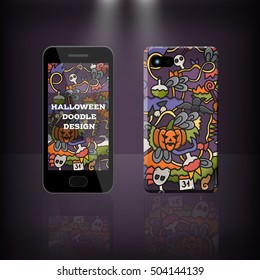 Vector realistic phone and case design of Halloween doodle cartoon style. Business concept of corporate identity brand. Illustration for cover stationery.