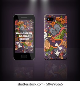 Vector realistic phone and case design of Halloween doodle cartoon style. Concept of corporate identity brand. Design for cover stationery.