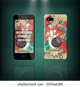 Vector realistic phone and case design of bowling doodle cartoon style. Concept of corporate identity brand. Design for cover stationery.