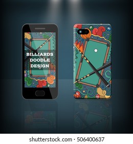 Vector realistic phone and case design of billiard, pool and snooker doodle cartoon style. Concept of corporate identity brand. Design for cover stationery.