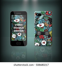 Vector realistic phone and case design of video gaming, let's play and cinema doodle cartoon style. Concept of corporate identity brand. Design for cover stationery.