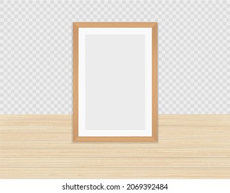 Vector realistic Photo frame standing on a wooden floor. Vertical Mockup for photos or pictures  isolated on transparent background. Blank template for design. Front view. EPS10. 