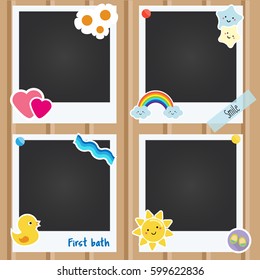 Vector realistic photo frames for children, newborn, baby albums. Template for applications and design, scrapbook decorated with cute stickers