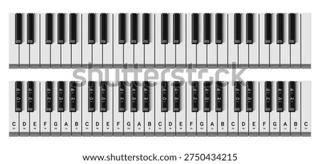 Vector realistic piano or synth keyboard with 49 keys. Keyboard mockup or template with octave notes, flats and sharps isolated on white background