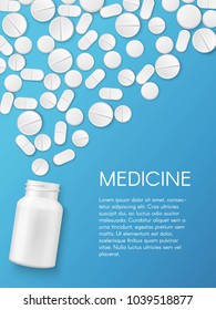 Vector realistic pills and capsules banner. Medicines, tablets, capsules, drug of painkillers, antibiotics, vitamins and small bottle. Health care medical and vector illustration.