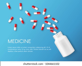 Vector realistic pills and capsules banner. Medicines, tablets, capsules, drug of painkillers, antibiotics, vitamins and small bottle. Health care medical and vector illustration.
