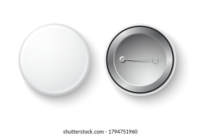 Vector realistic pin badge button white mockup. Circle brand identity symbol.