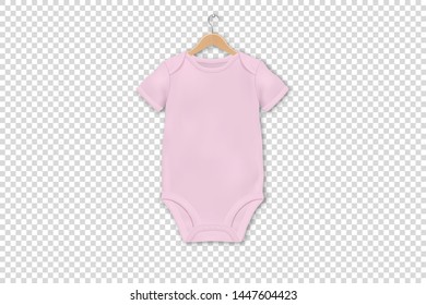 Vector Realistic Pink Blank Baby Bodysuit Template on a Hanger, Mock-up Closeup Isolated. Front Side. Body children, baby shirt, onesie. Accessories, clothes for newborns. Top view