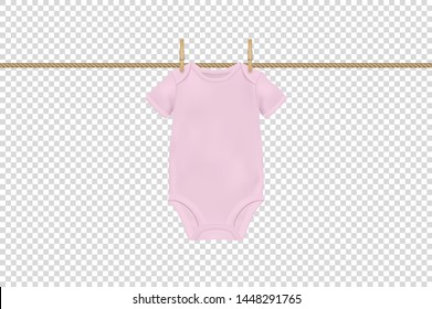 Vector Realistic Pink Blank Baby Bodysuit on the Rope and Clothespins, Mock-up Closeup Isolated. Front Side. Body children, baby shirt, onesie. Accessories, clothes for newborns